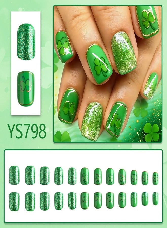 OSTTMA 24Pcs St. Patrick's Day Press on Nails Short Square Fake Nails Green Shamrock False Nail with Glitter Clover Shamrocks Glue on Nail Reusable Acrylic Stick on Nails for Women DIY Manicure - Image 2